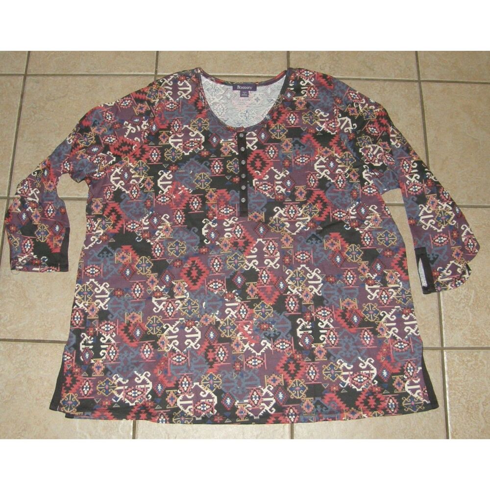 ROAMANS Colorful Aztec Print Plus Sz 30/32 Long Sleeve Thermal Henley Shirt NEW